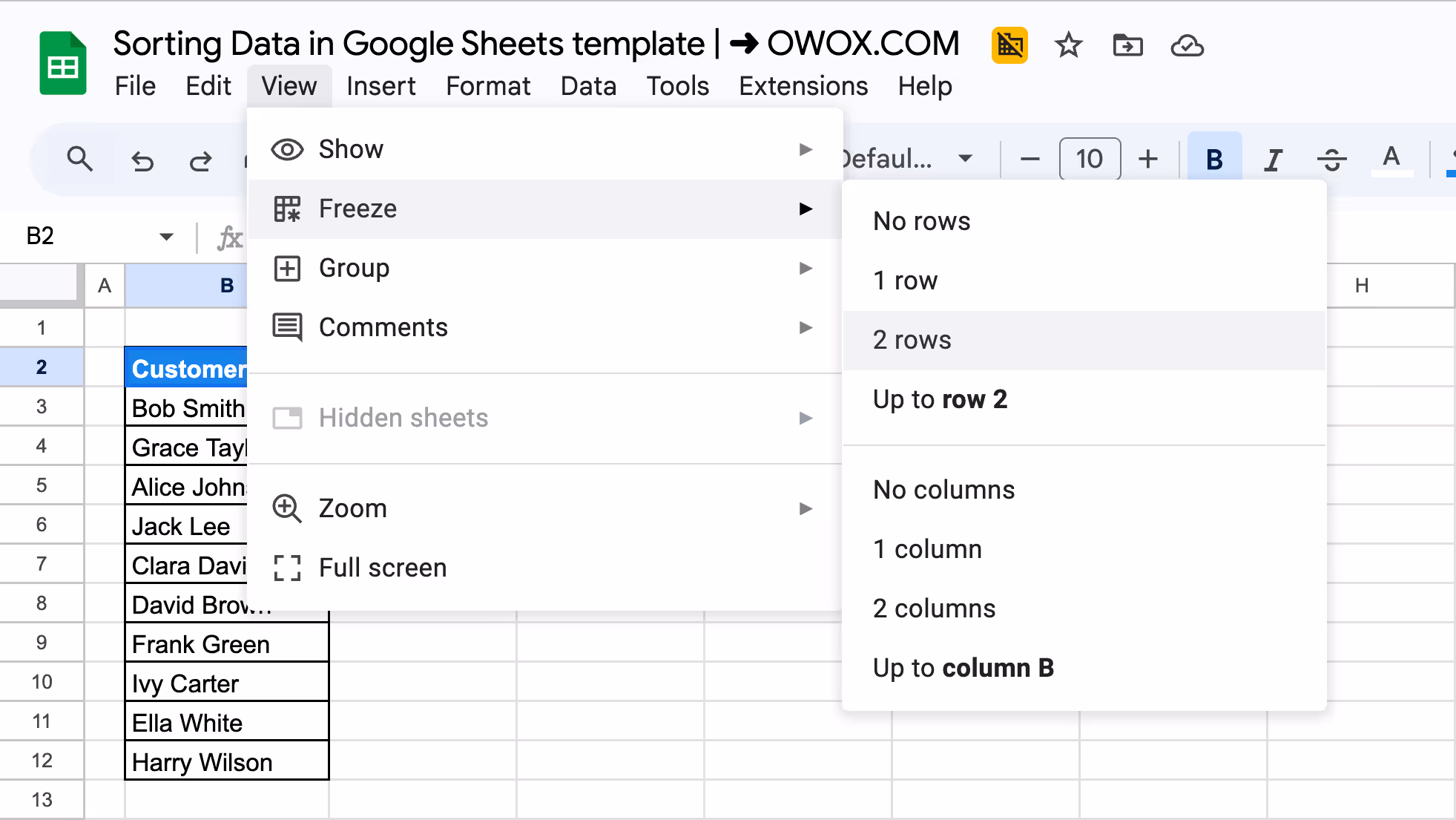 The Freeze option in the View menu selected, ensuring the first two rows remain fixed during sorting. i-border