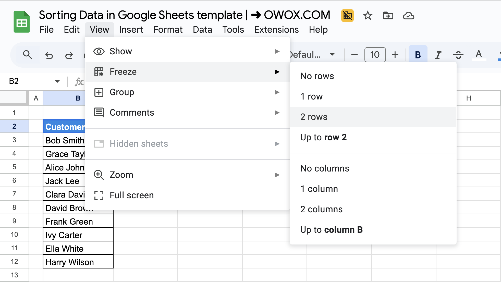The Freeze option in the View menu selected, ensuring the first two rows remain fixed during sorting. i-border