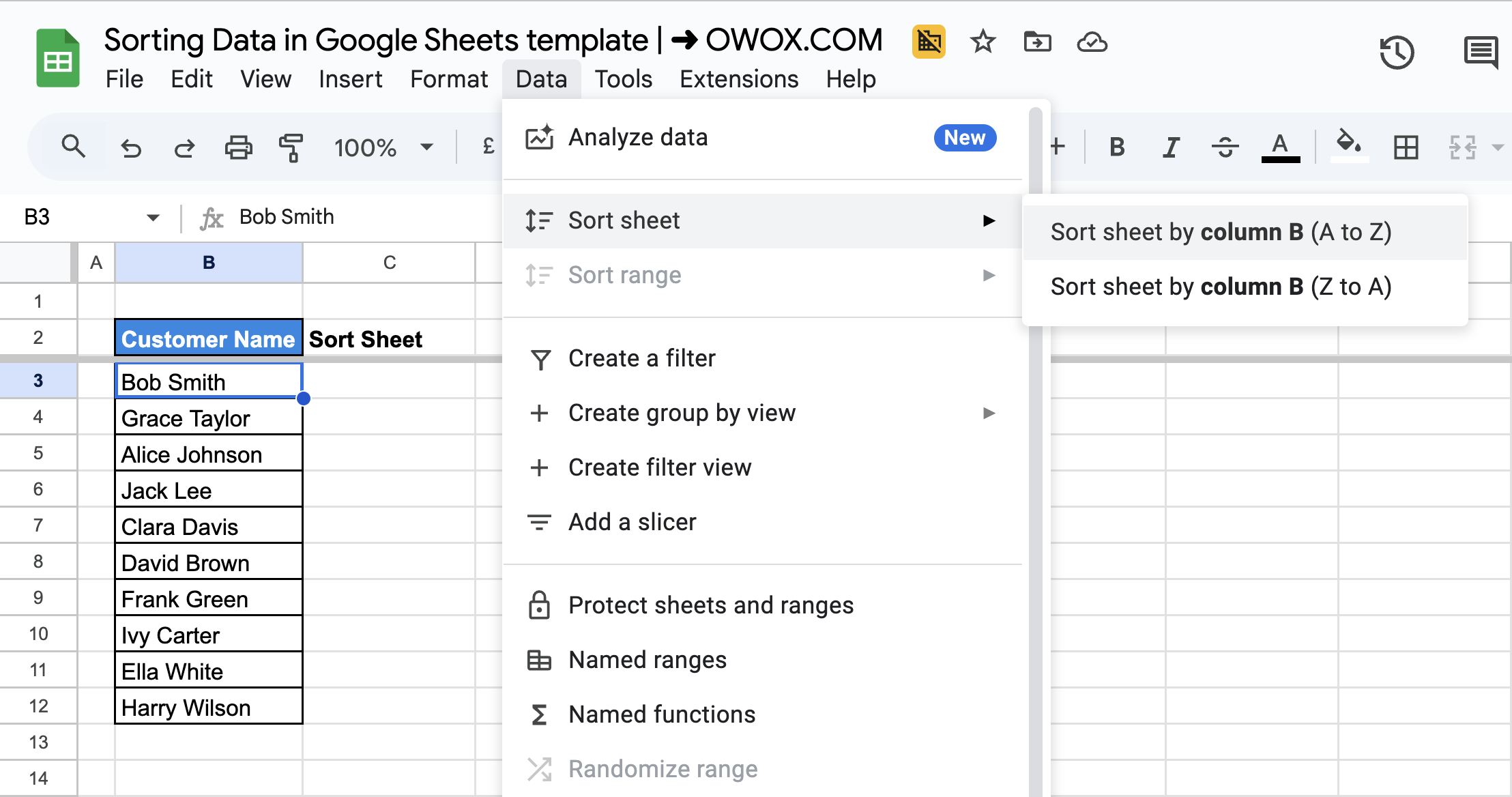 The sorting option in Google Sheets is applied, arranging the dataset alphabetically by the "Customer Name" column. i-border