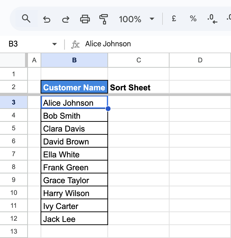 The final sorted dataset in Google Sheets, displaying customer names in ascending alphabetical order, with "Alice Johnson" appearing first and "Jack Lee" last. i-border