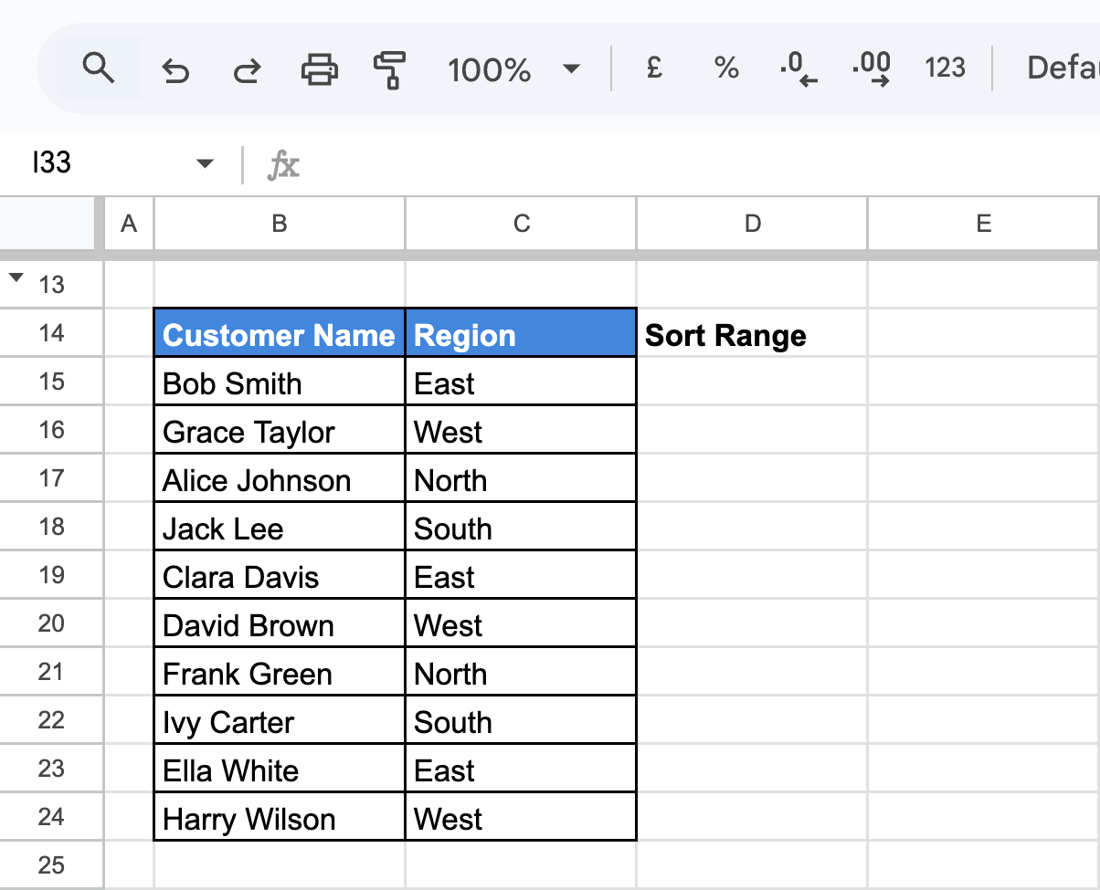 A dataset in Google Sheets with "Customer Name" in column B and "Region" in column C, preparing for sorting. i-border