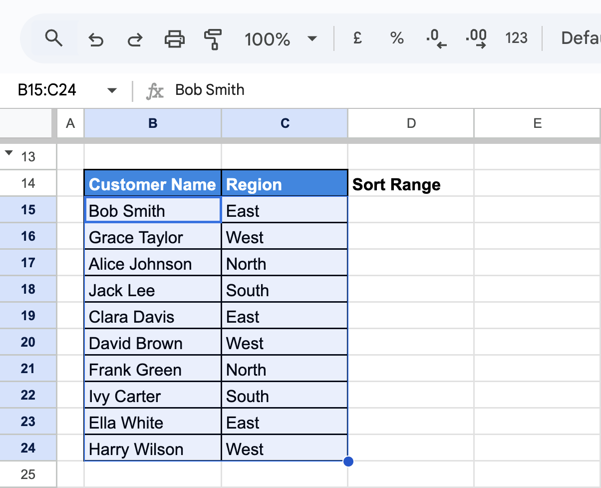A selected range in Google Sheets from B15 to C24, excluding the header row, highlighted for sorting. i-border