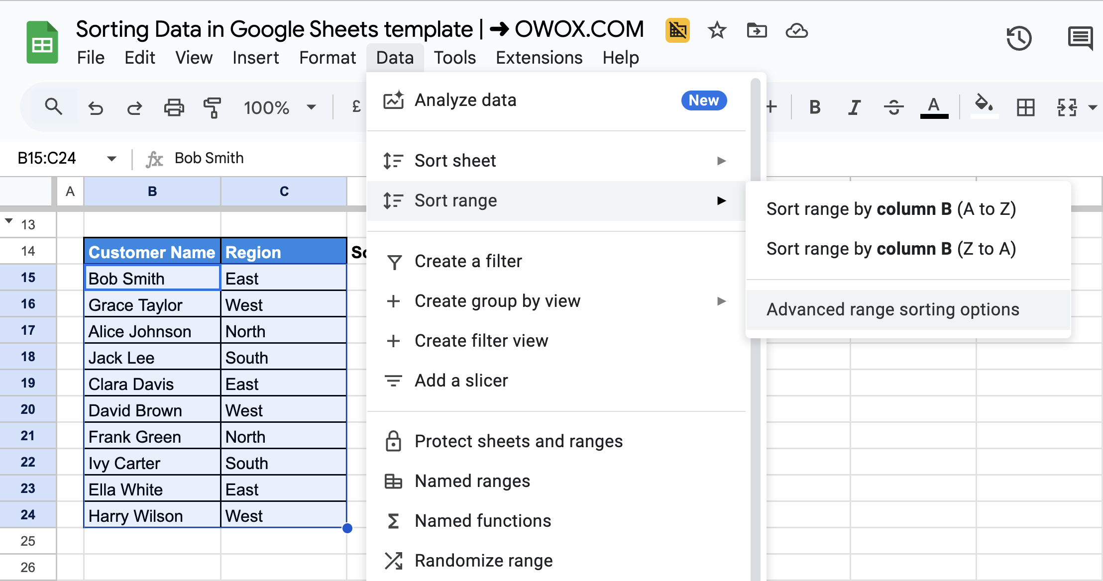 The "Sort range" dialog box in Google Sheets, showing advanced sorting settings. i-border