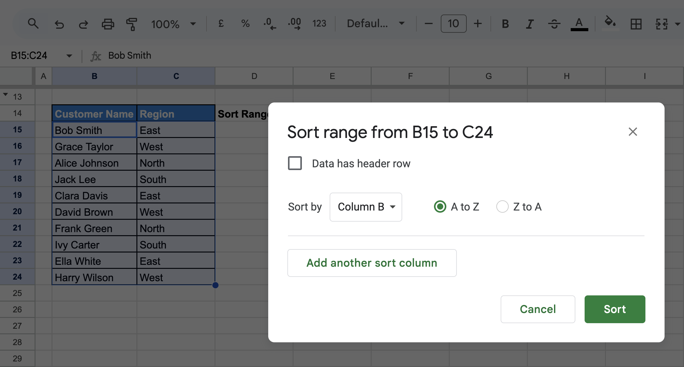  The "Sort range options" dialog in Google Sheets with "Customer Name" selected as the sorting column in ascending order (A-Z). 