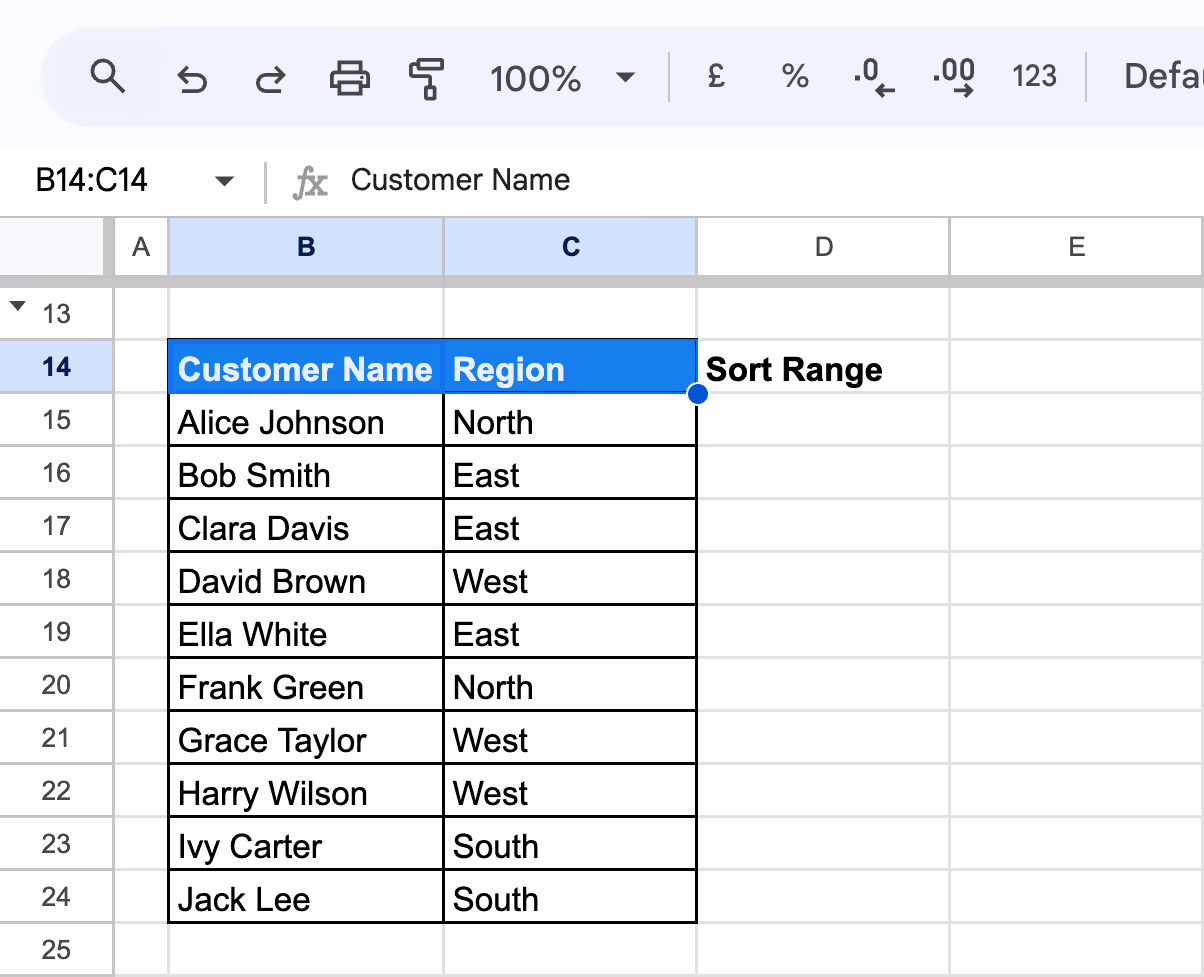 The sorted dataset in Google Sheets, where only the selected range has been arranged alphabetically. i-border