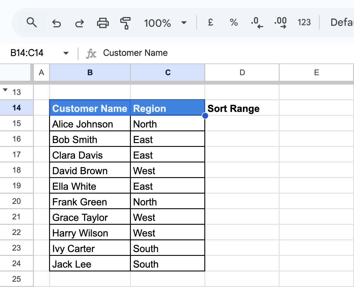 The sorted dataset in Google Sheets, where only the selected range has been arranged alphabetically. i-border
