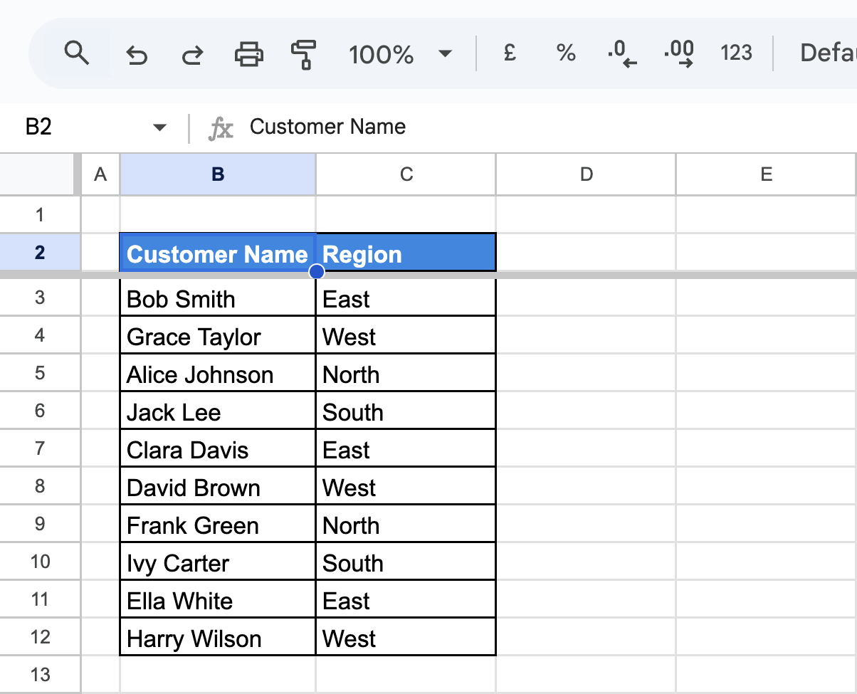 A dataset in Google Sheets with "Customer Name" in column B and "Region" in column C, preparing for sorting. i-border