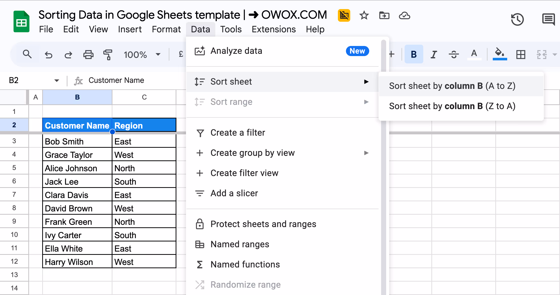 The Google Sheets Data menu open, displaying sorting options, with "Sort Sheet by Column A (A-Z)" selected. i-border 