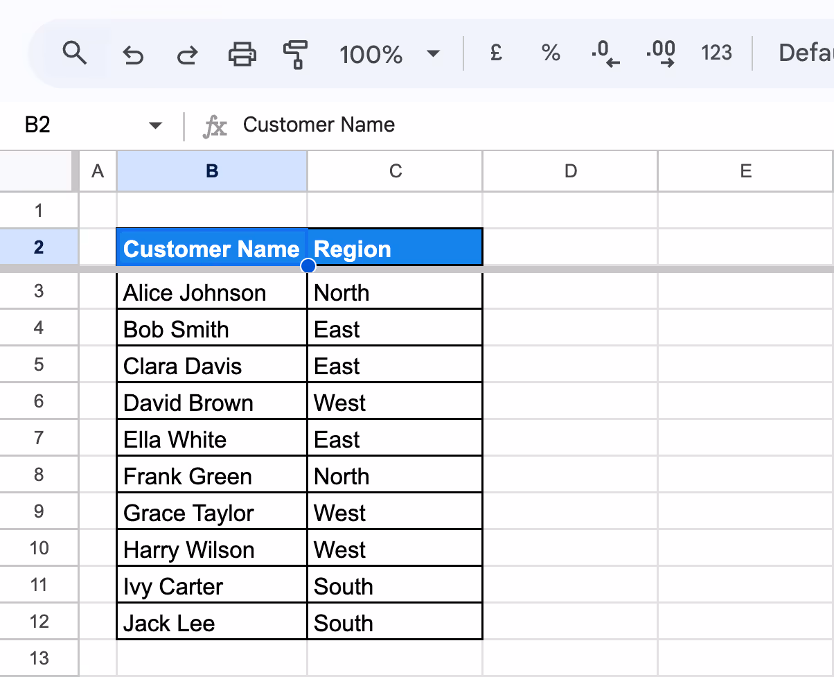 The sorted dataset in Google Sheets, where customer names are now in ascending order. i-border