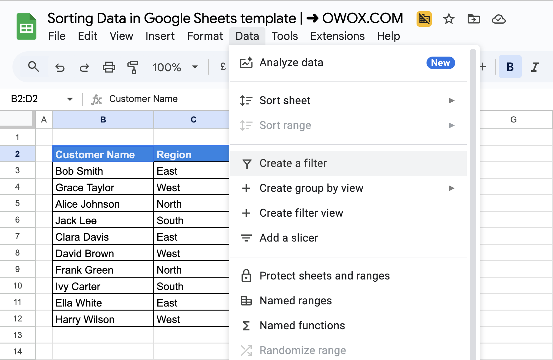 Google Sheets interface with the "Create a Filter" option enabled, adding filter icons to column headers. i-border