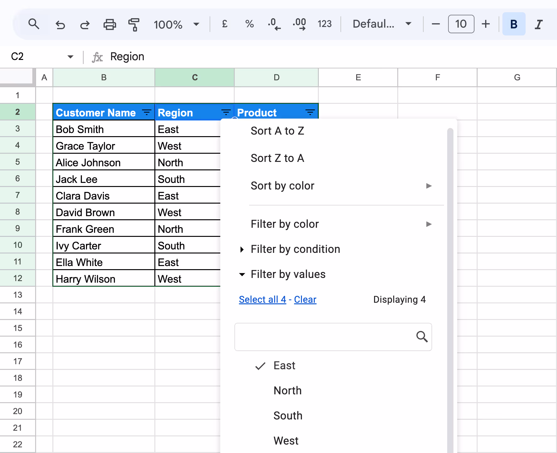 The filter menu in Google Sheets with checkboxes for all region values, keeping only "East" selected. i-border