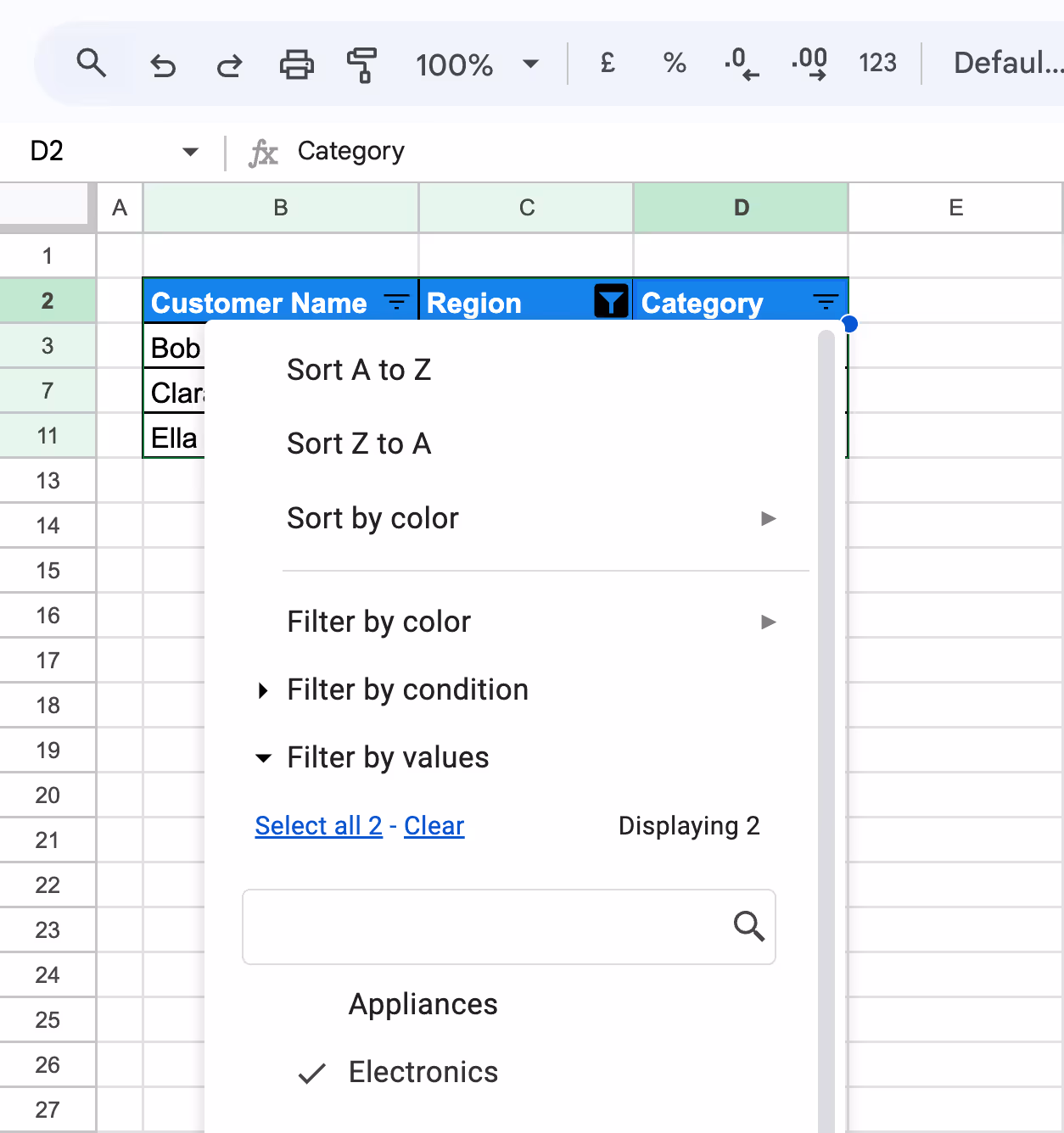  The filter menu in Google Sheets with checkboxes for all category values, keeping only "Electronics" selected. i-border