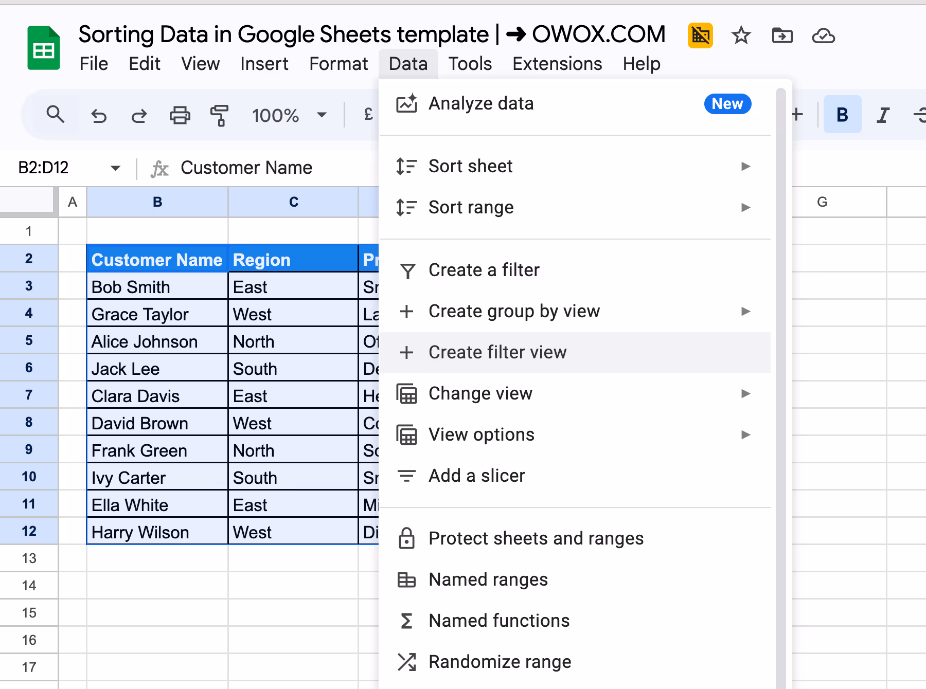 Google Sheets interface showing the Data menu open, with "Create Filter View" selected. i-border