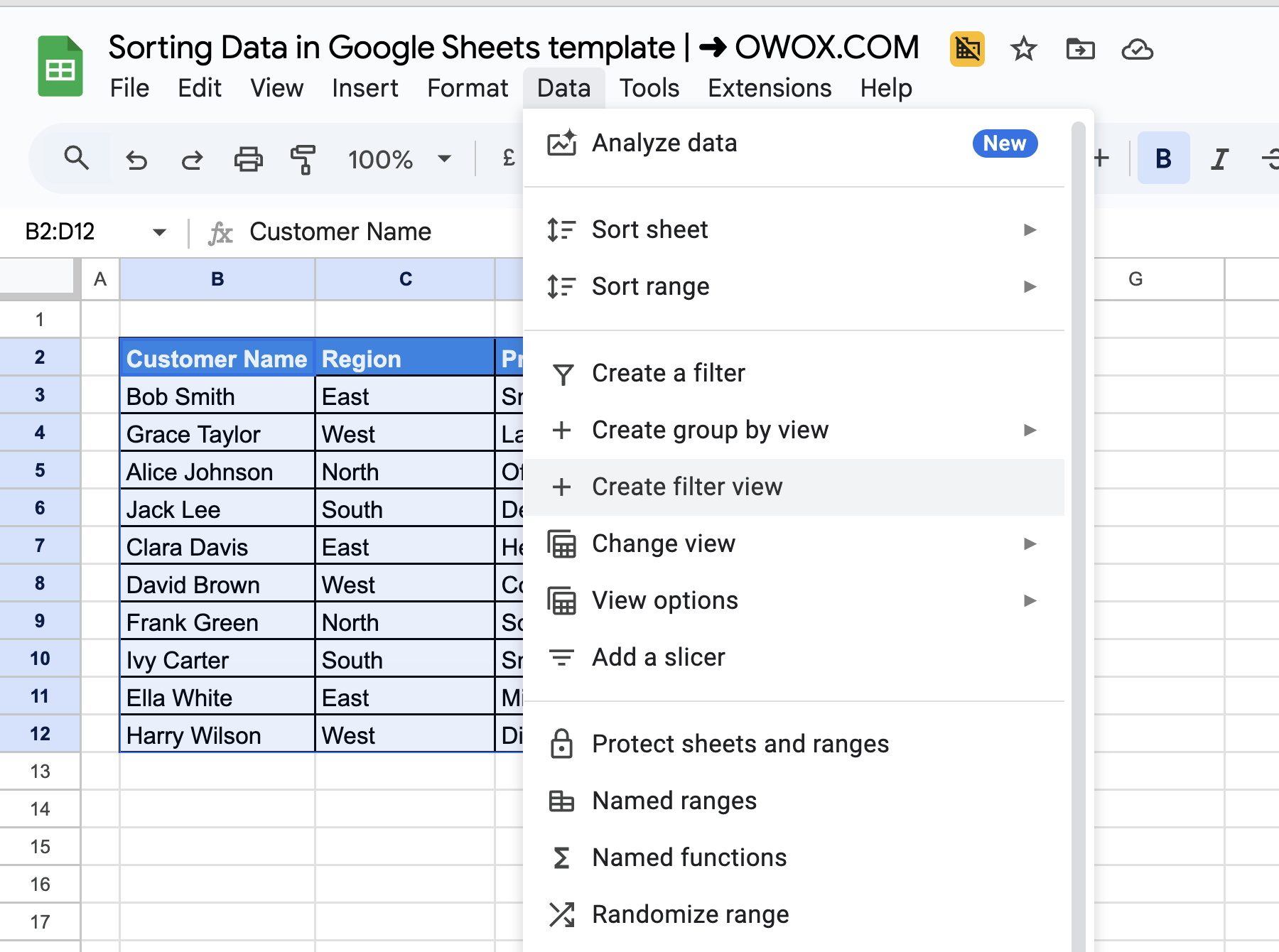 Google Sheets interface showing the Data menu open, with "Create Filter View" selected. i-border