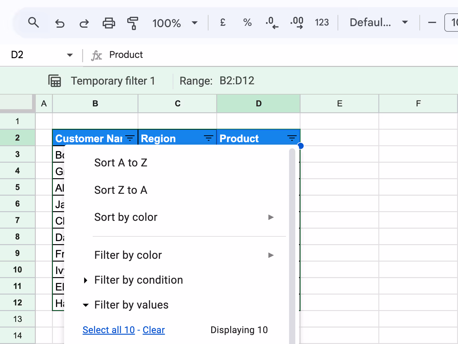 The Filter View menu in Google Sheets displaying sorting options, with "Sort A to Z" selected to arrange products alphabetically. i-border