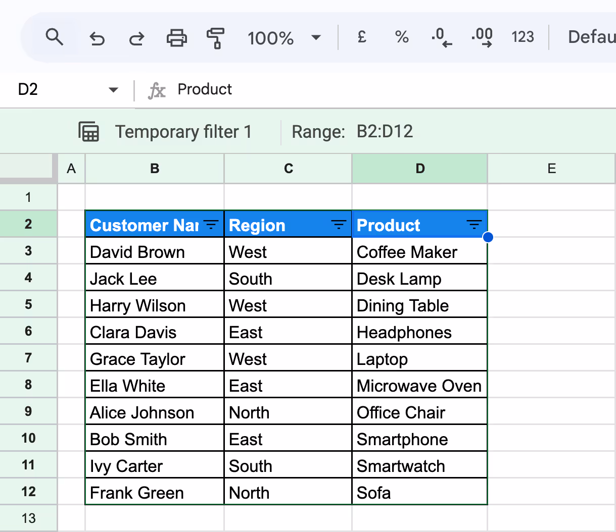 The dataset in Google Sheets sorted alphabetically by "Product" within the Filter View. i-border