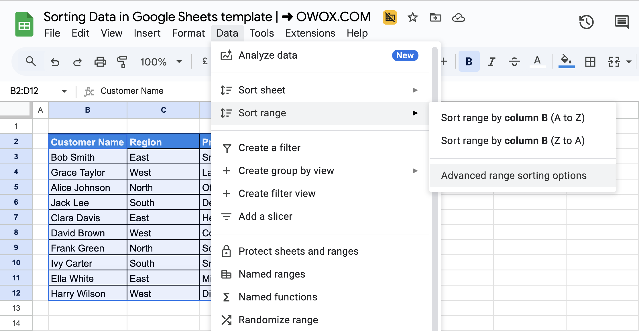 The Google Sheets interface displaying the sorting menu, with "Sort range" and "Advanced range sorting options" selected. i-border