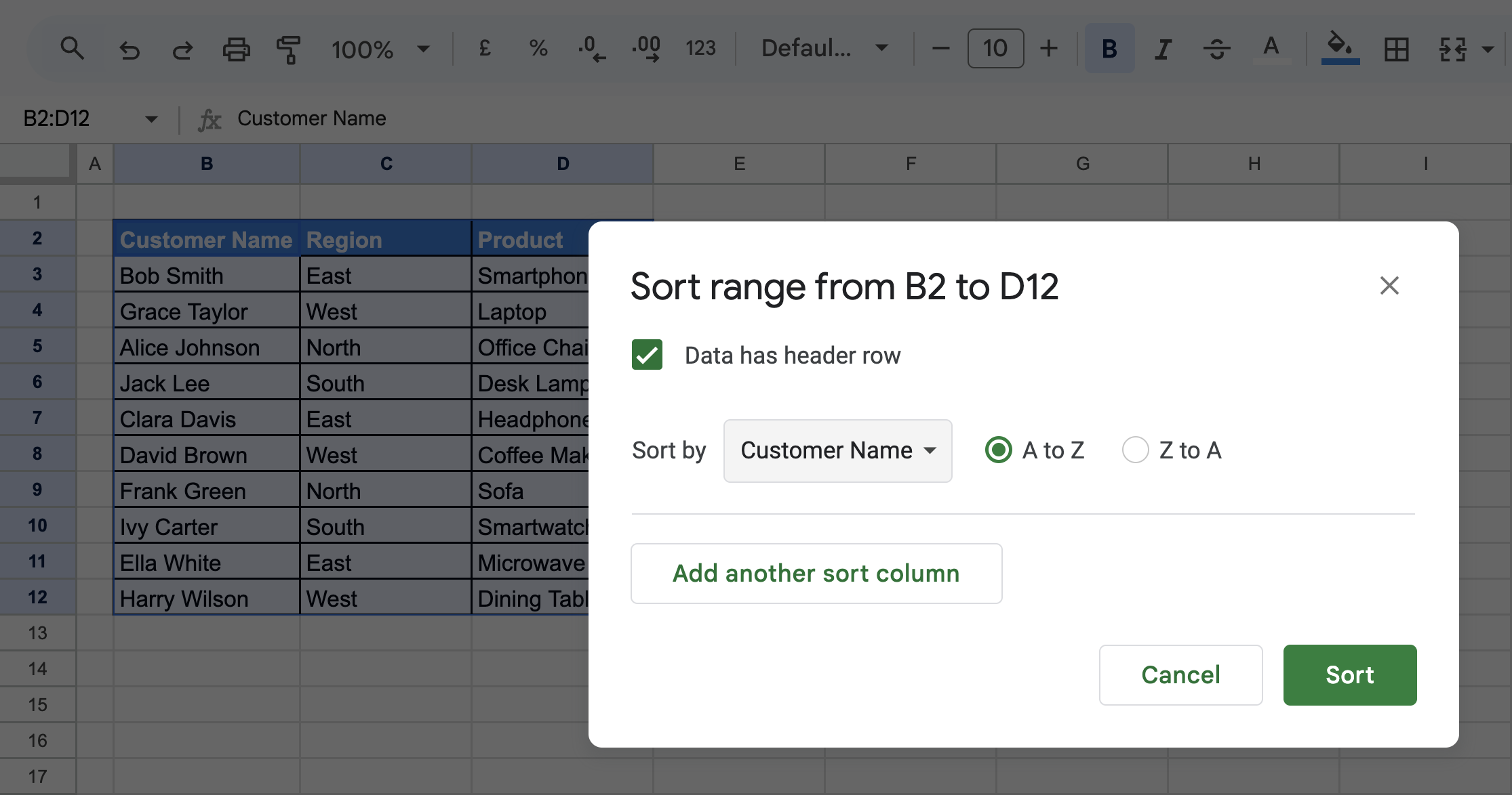 The sorting dialog box in Google Sheets with the "Data has header row" option checked, ensuring headers remain unchanged. 
