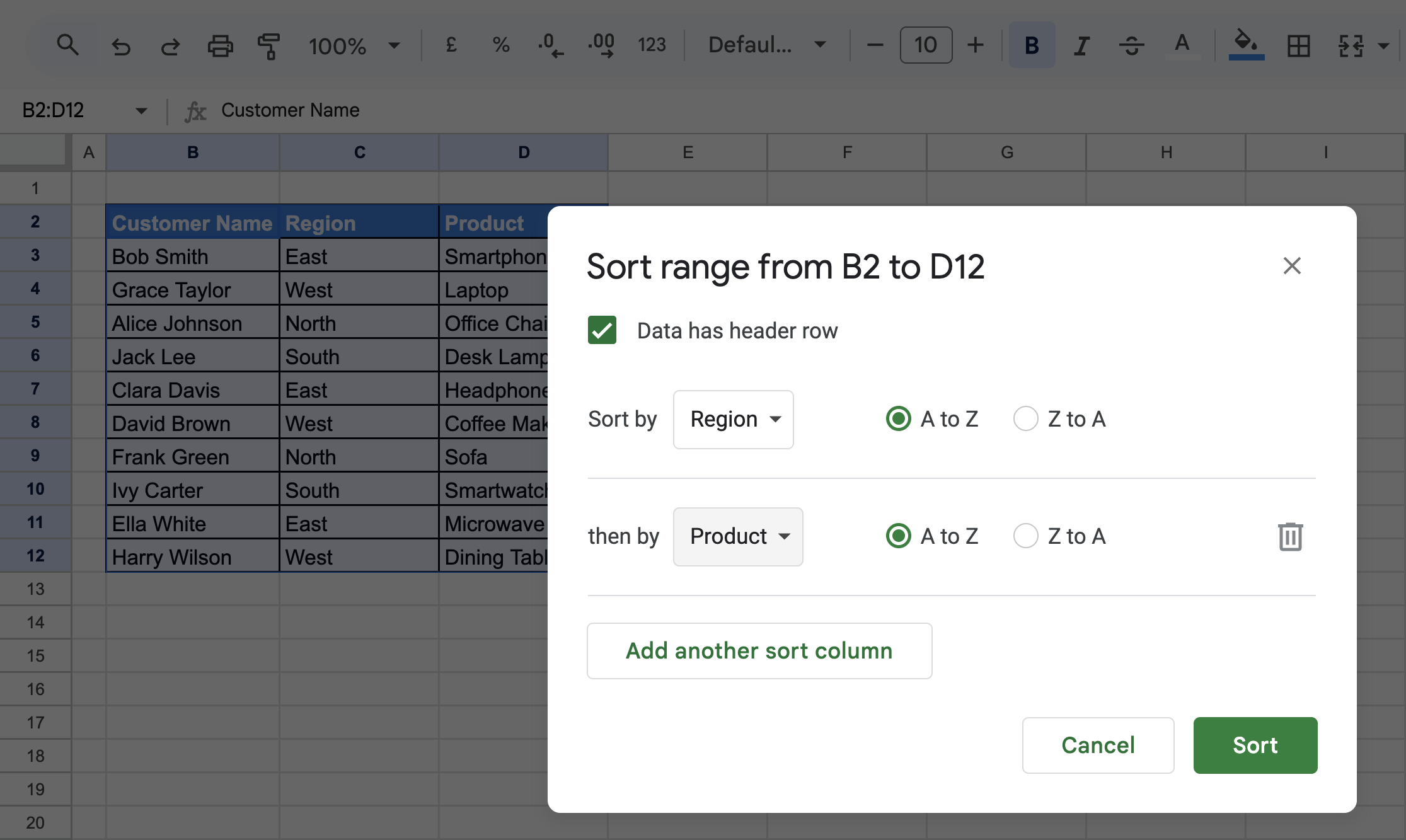 Sorting dialog box showing an additional sorting condition, with "Product" selected as the secondary column. 