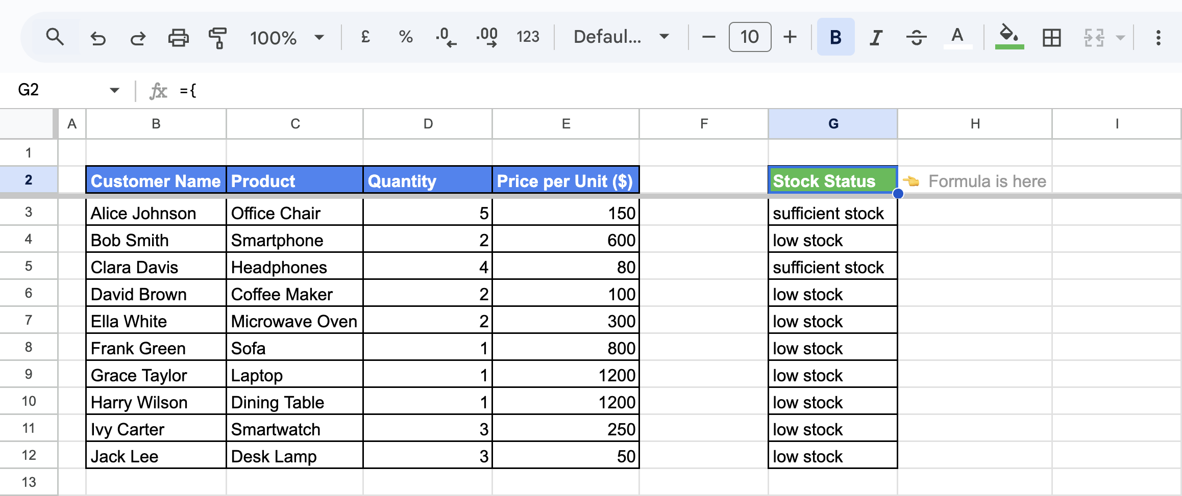 Using ARRAYFORMULA to sort products which are categorized as "Out of stock," "Low stock," or "Sufficient stock" based on quantity values. i-border