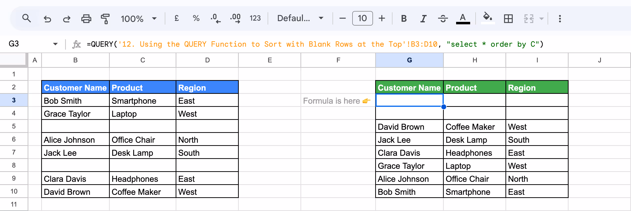 Using the QUERY function, with blank rows appearing at the top while the rest of the data is arranged alphabetically. i-border 