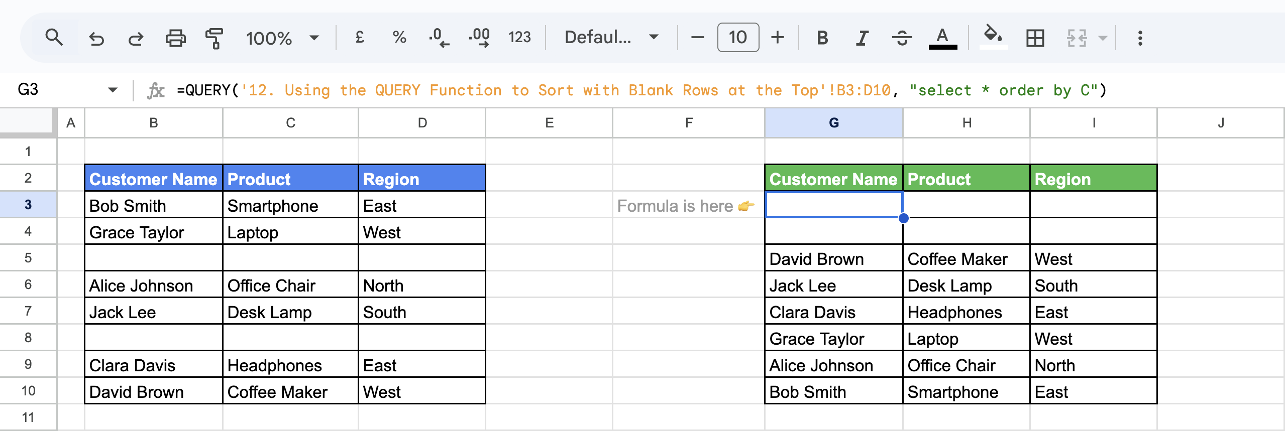Using the QUERY function, with blank rows appearing at the top while the rest of the data is arranged alphabetically. i-border 
