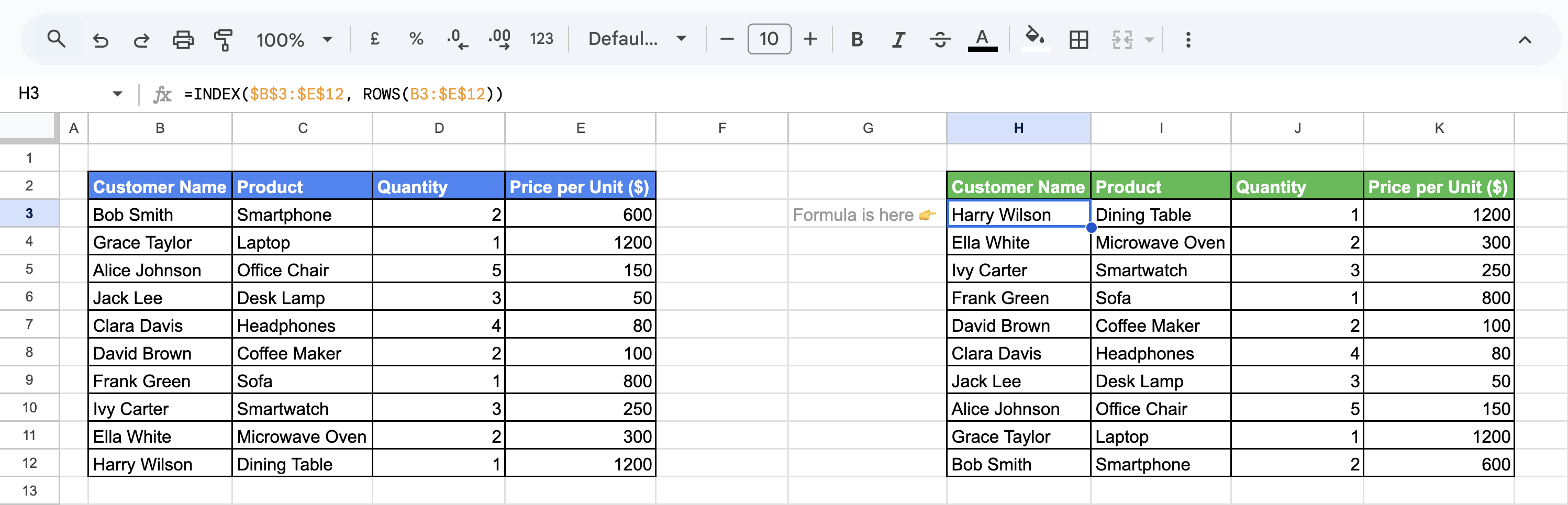 Reversing Rows dynamically using the INDEX and ROWS functions, displaying data from the last row to the first while maintaining column headers. i-border