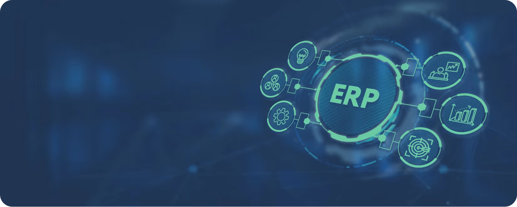 An ERP system integrating core business processes like analytics, operations, and resource management through interconnected digital components. i-radius i-shadow