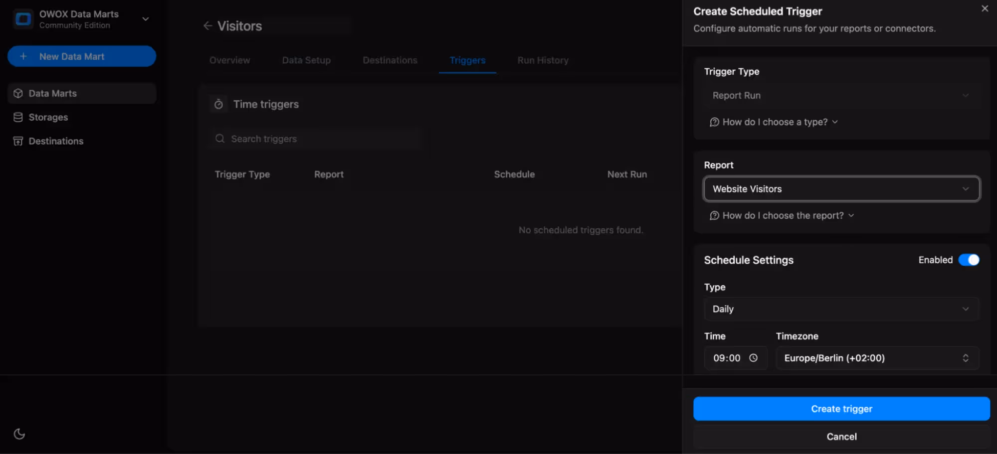 OWOX Data Marts interface displaying setup of a scheduled Report Run trigger for a Website Visitor's report, configured to run daily at a set time. i-shadow