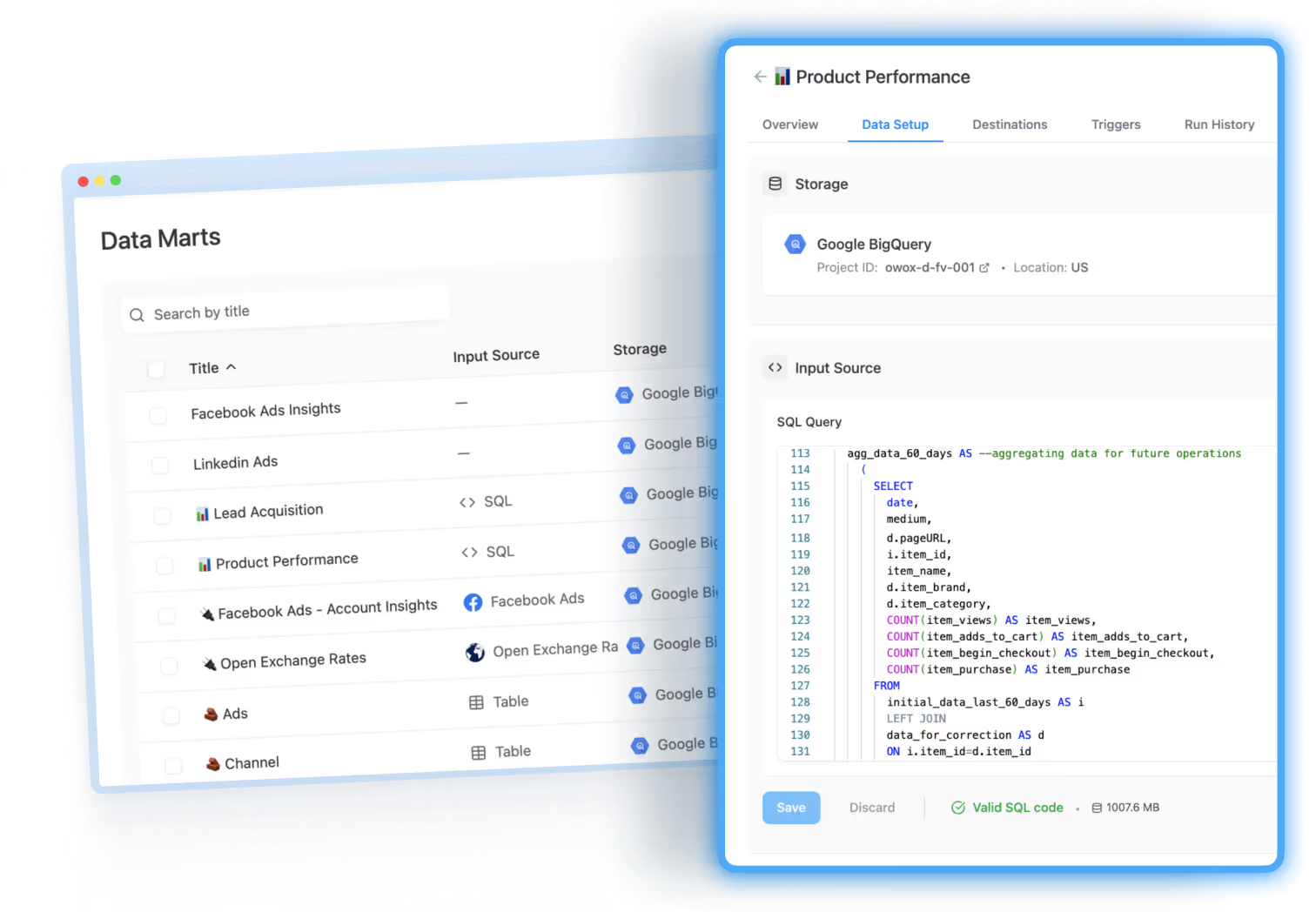 Data Marts interface showing SQL-based input sources and a product performance query set up in Google BigQuery.