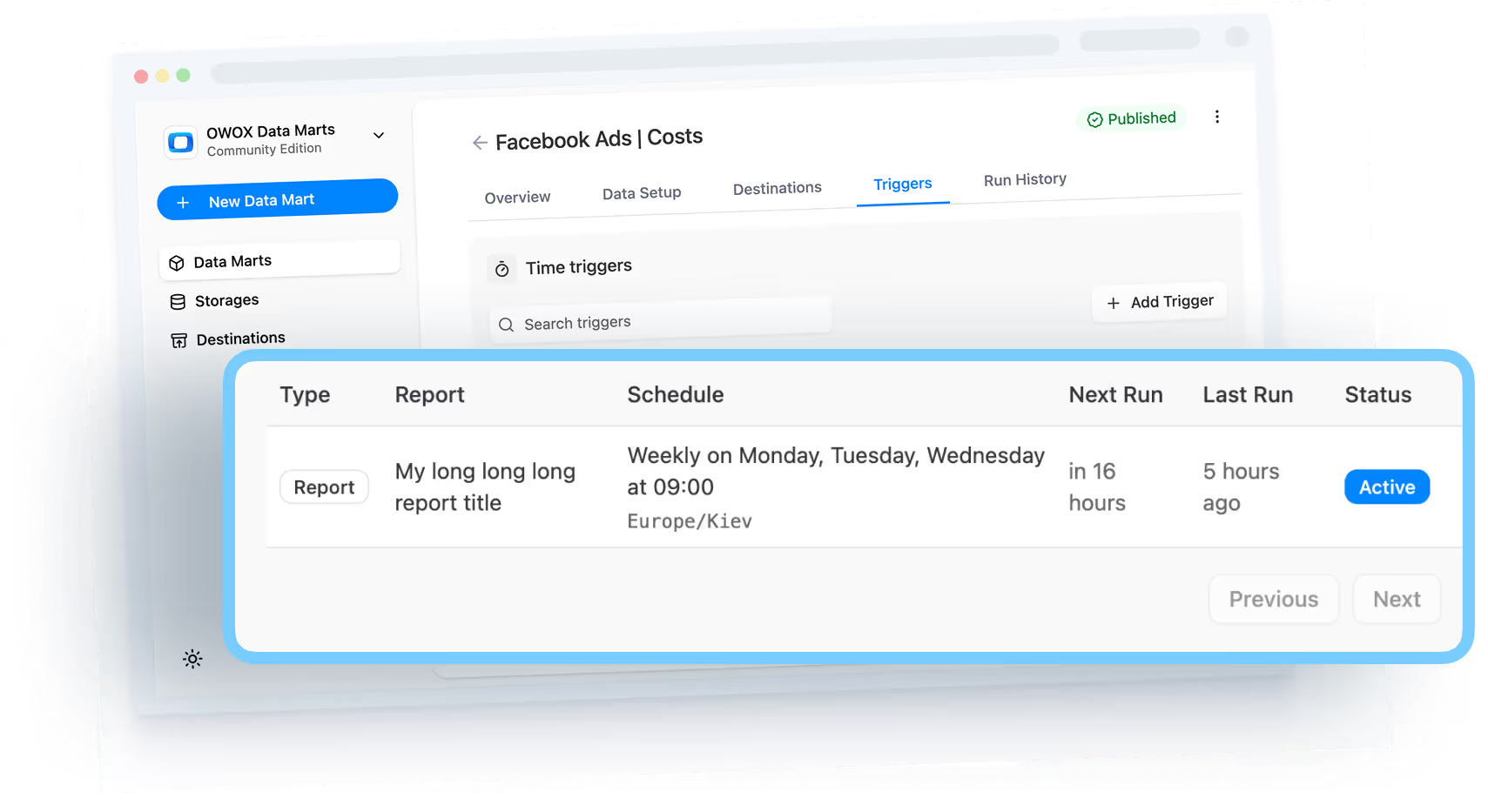 OWOX Data Marts interface showing event schema fields with columns for event ID, name, date, client ID, and page ID.