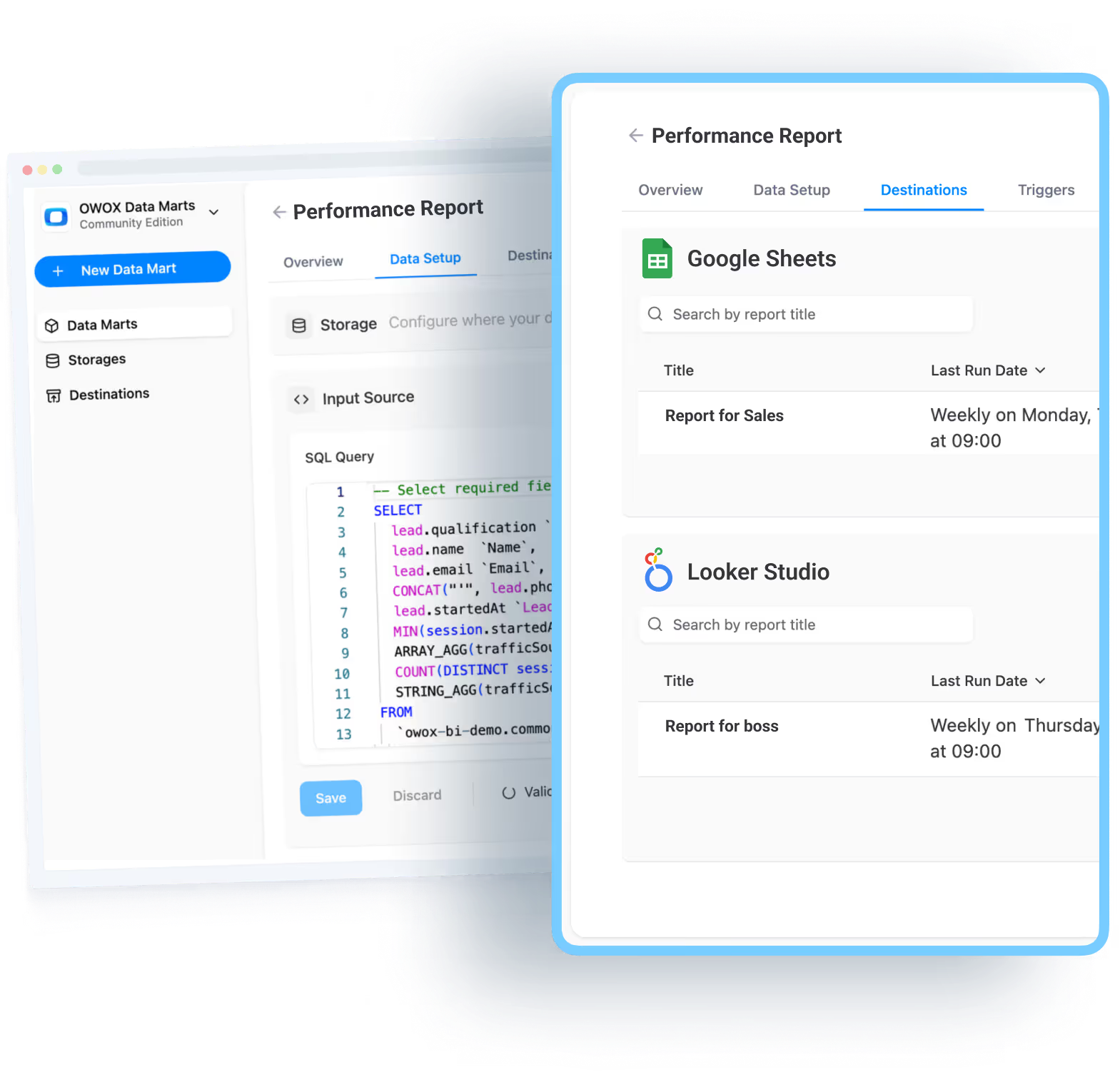 OWOX Data Marts interface showing SQL query setup with data flowing into Google Sheets and Looker Studio reports.