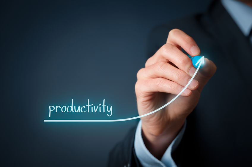 Business person drawing an upward arrow labeled “productivity,” symbolizing productivity boosting via growth and efficiency improvement. i-shadow i-radius
