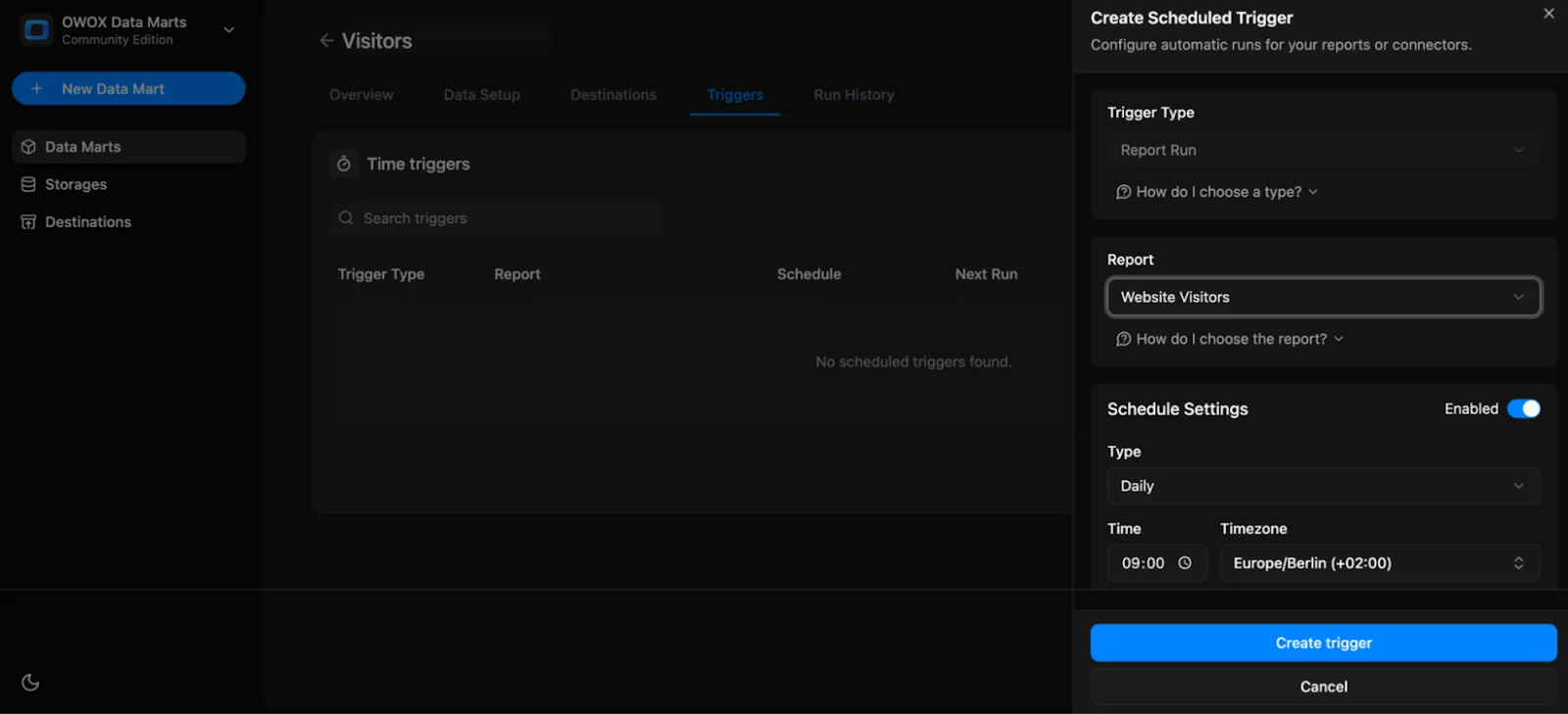 Report trigger configuration in OWOX Data Marts to schedule daily refresh of website visitor reports using SQL-based logic. i-shadow