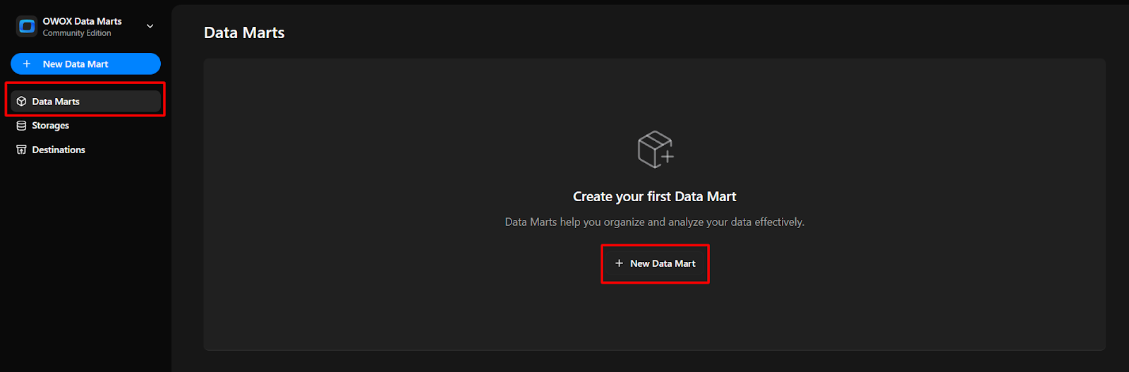OWOX Data Marts interface showing the main dashboard with the ‘New Data Mart’ button. i-shadow