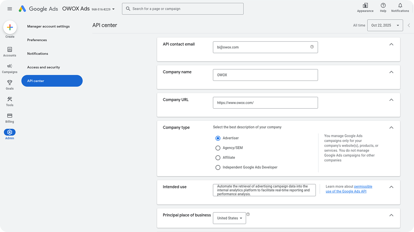 Google Ads API Center form showing fields for API Contact Email, Company Name, Intended Use, and Create Token button highlighted. i-shadow i-radius