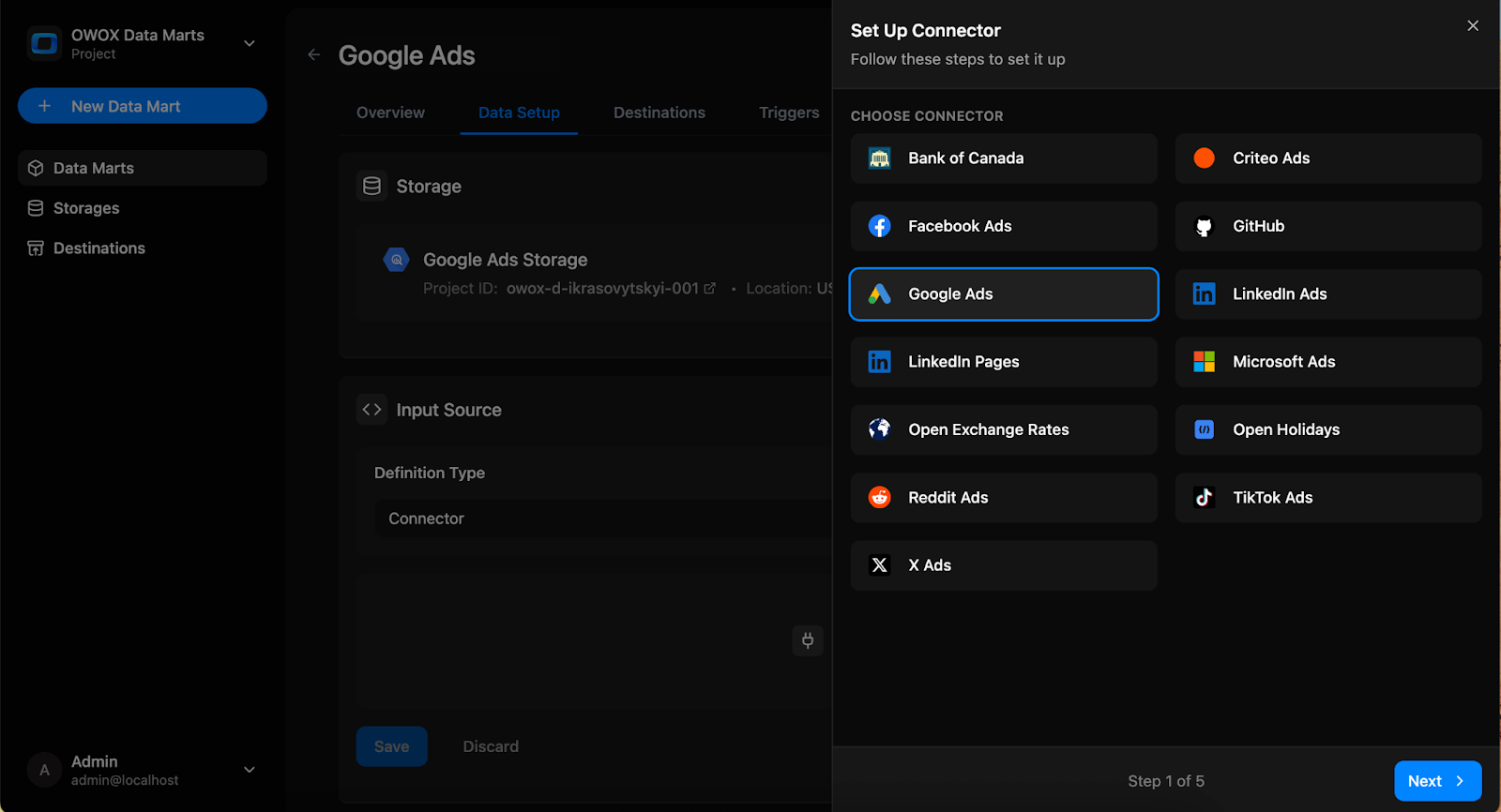 Setup Connector panel in OWOX Data Marts with Google Ads selected as the connector source. i-shadow 