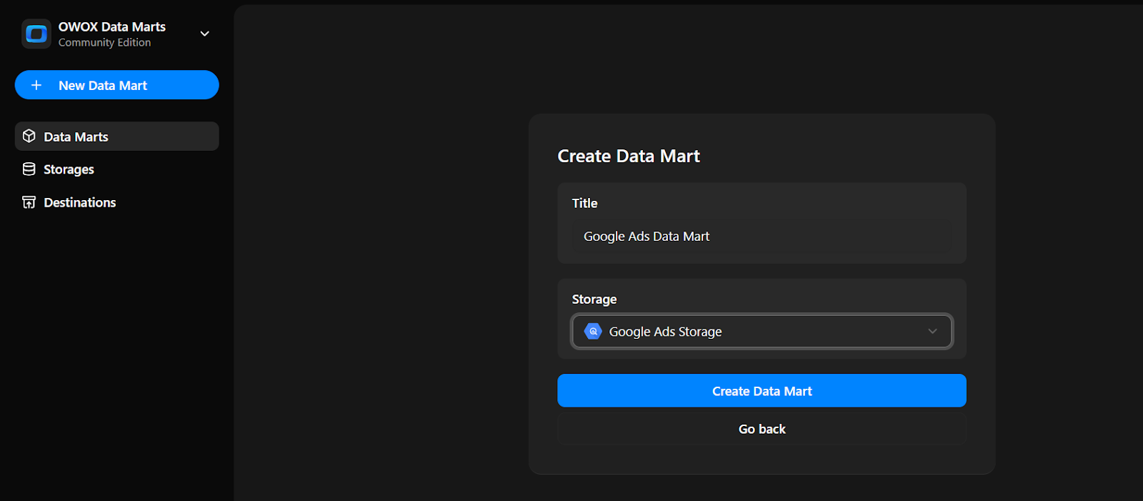 Create Data Mart screen with title set to "Google Ads Data Mart" and storage selected as "Google Ads Storage". i-shadow