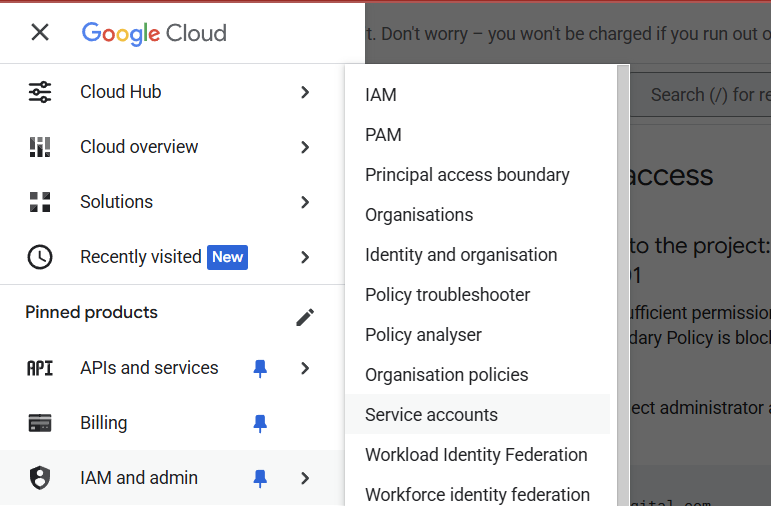 Navigation panel in Google Cloud Console showing the path to access service accounts by going to IAM and then selecting the Service Accounts section. i-shadow