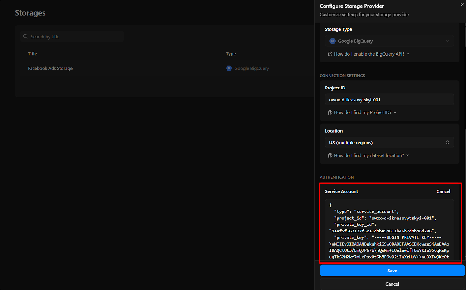 OWOX connector configuration labeled ‘OWOX Service Account JSON Field’ where users paste their service account key for authentication. i-shadow