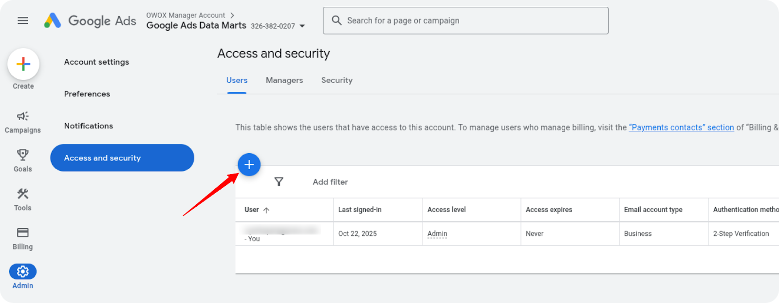 Google Ads Access and Security page showing “Add User” window with service account email and Read-only access selected. i-shadow  i-radius