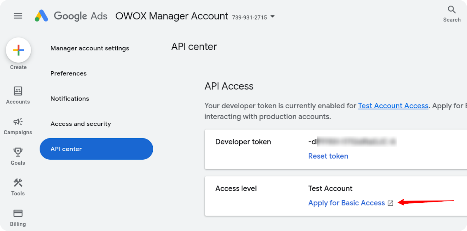 Google Ads API Center showing Developer Token status set to “Pending Basic Access.” i-shadow  i-radius 