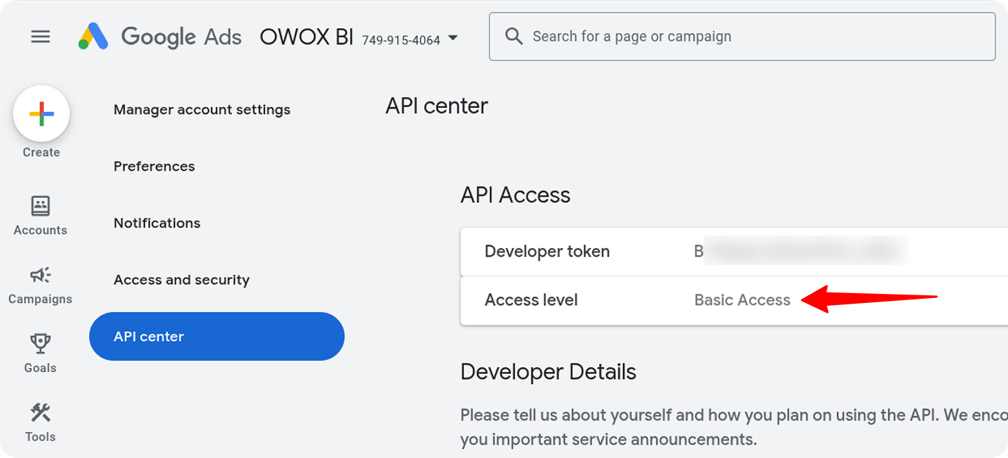 Google Ads API Center showing approved Developer Token status with Basic Access granted. i-shadow  i-radius