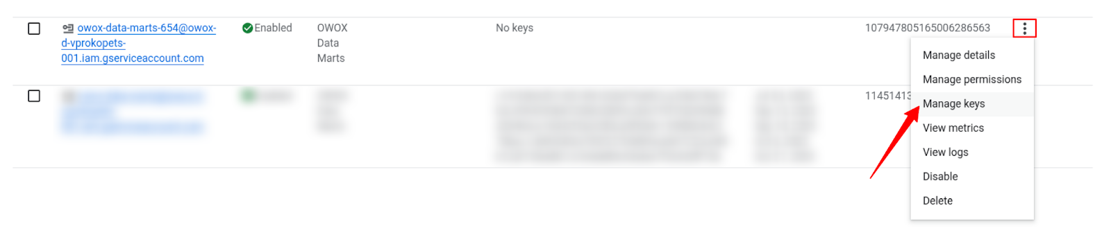 Google Cloud Console showing IAM & Admin section with “Create Service Account” and “Create New Key” options highlighted. i-shadow