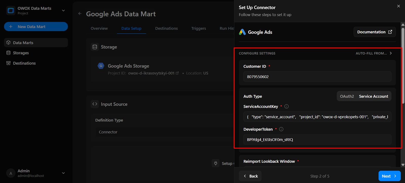OWOX connector configuration panel with the Google Ads access token field filled in for authentication. i-shadow