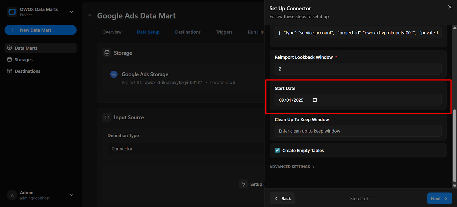 Connector configuration form with the Start Date field set to 2025-09-01 for fetching data from Google Ads.  i-shadow