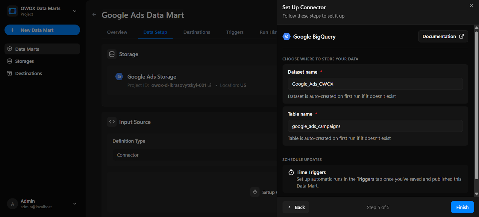 Final setup screen showing the target dataset and table path in BigQuery with time triggers hint enabled. i-shadow