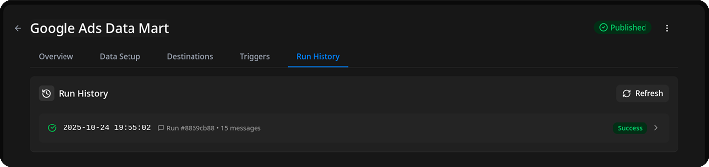  Run History tab in OWOX Data Marts displaying the status message ‘Import is finished’. i-shadow i-radius