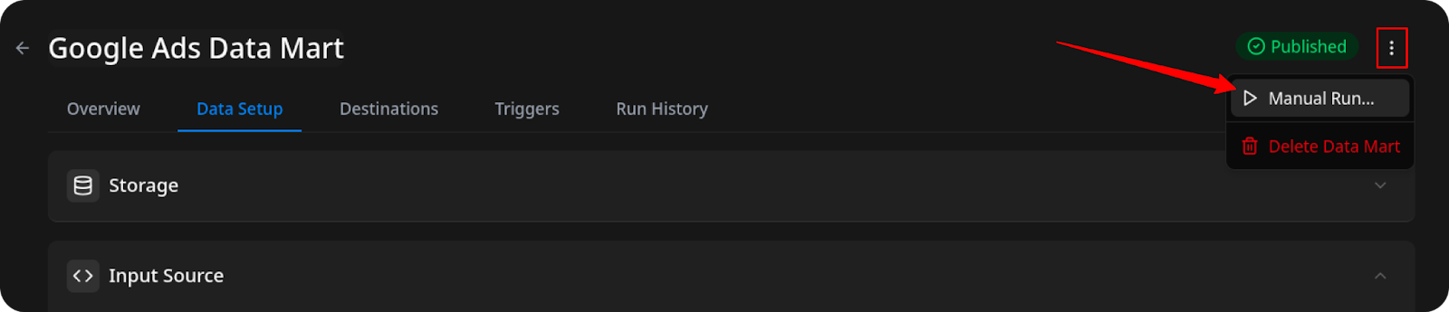 OWOX Data Marts interface with the ‘Manual Run’ button visible and the 3-dot menu expanded.  i-shadow  i-radius