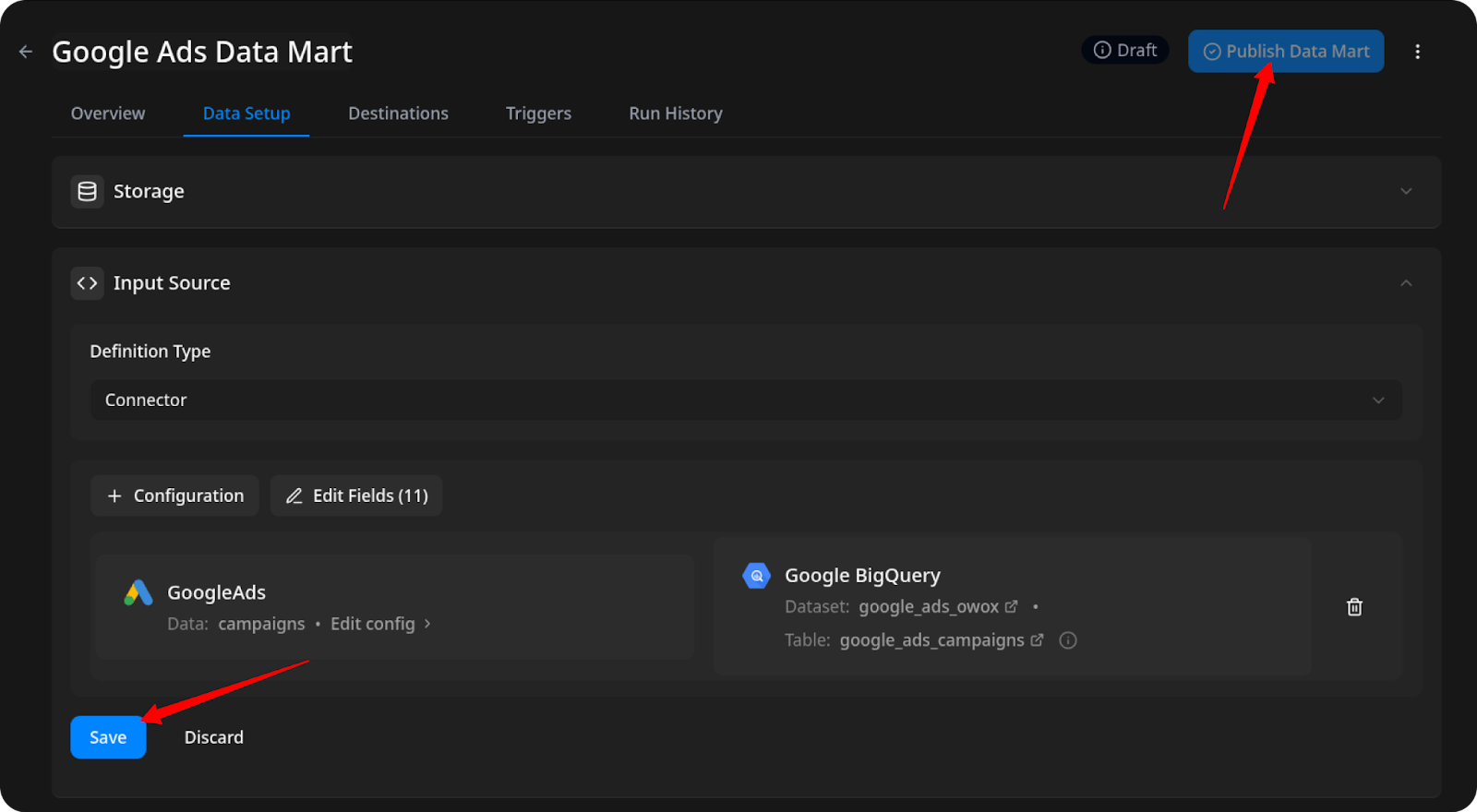 OWOX Data Marts configuration screen showing successful mapping between Google Ads and BigQuery table with a Save and a Publish button. i-shadow  i-radius